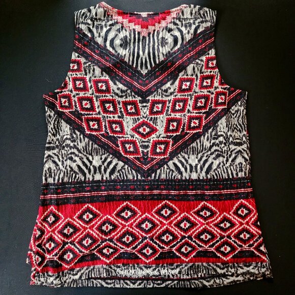 Chicos Red/Black Geo-Tribal Print Sleeveless‎ Stretch Tiered Shell Tank Sz 1 - Picture 4 of 9